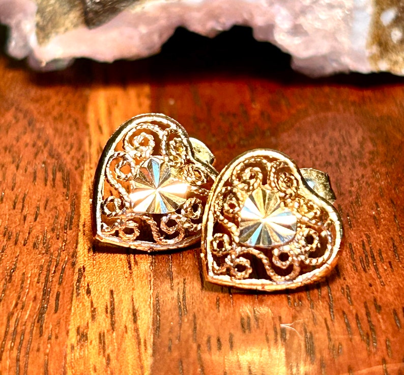 Vintage Gold Tone Sterling Silver Filigree Heart Stud Earrings Retro Jewelry Gift image 6
