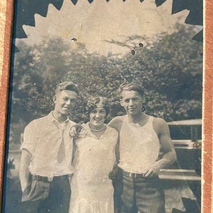 Antique Tin Type Photograph 1920s Flapper Girl With Handsome Men Cardboard Frame Photo image 3