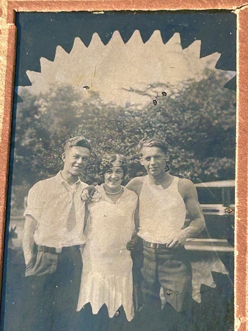 Antique Tin Type Photograph 1920s Flapper Girl With Handsome Men Cardboard Frame Photo image 3