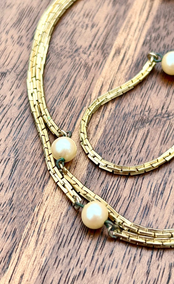 Vintage Gold Tone Box Chain Faux Pearl Necklace R… - image 5