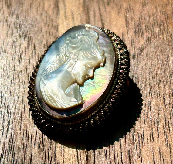 Vintage Mother Of Pearl Cameo 800 Silver Brooch P… - image 1