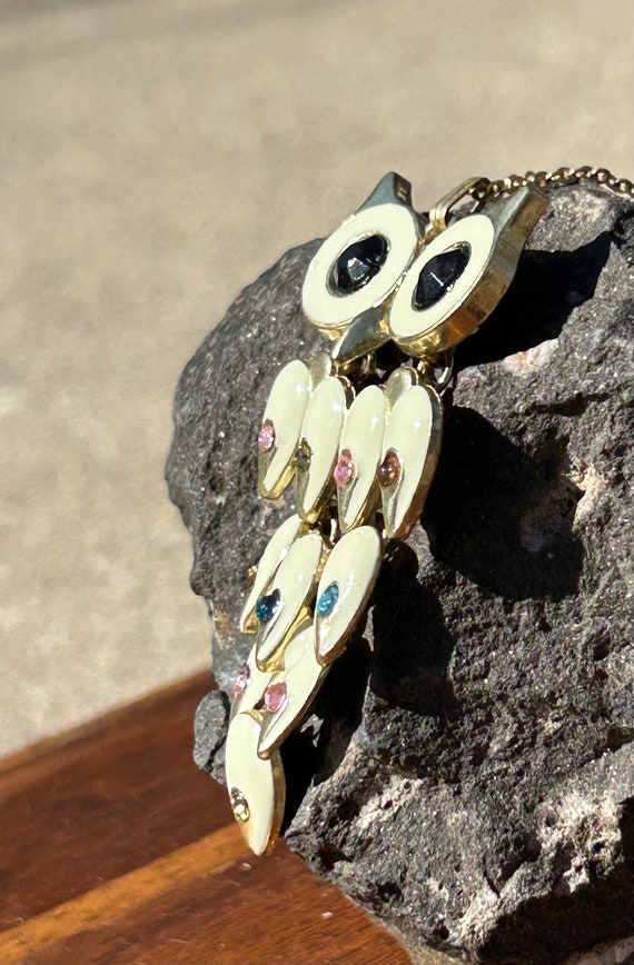 Vintage Owl Pendant Necklace Multi Color Gemstone… - image 6