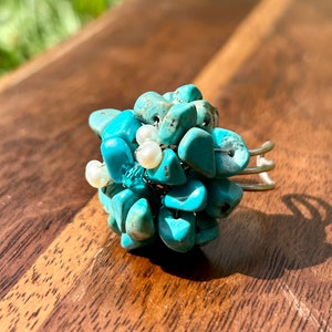 Turquoise Nugget Fresh Water Pearl Blue Gemstone Ring Handmade Jewelry Cluster Ring Vintage Retro Cocktail Statement Adjustable Ring Gift image 7