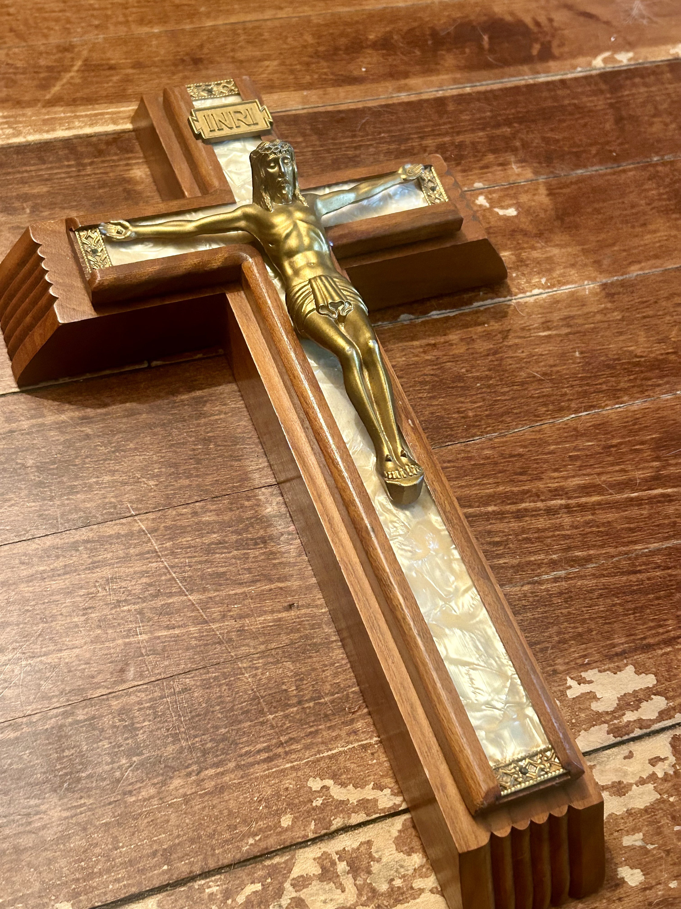 Vintage Sick Call Crucifix Cross Mother of Pearl Inlay Mid Century