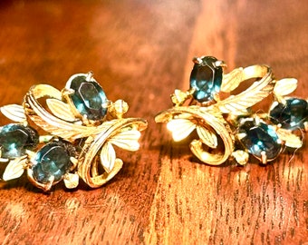 Blauwe edelsteen Stud Oorbellen donkerblauw kristal goud Toon Vintage Retro sieraden Mid Century mode
