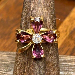 18k Gold Electroplated Ring HGE Purple Stones & Rhinestone Center Vintage Retro Jewelry