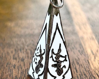 Vintage Siam Sterling Silver White Enamel Pyramid Charm Pendant Thai Dancer 1940s