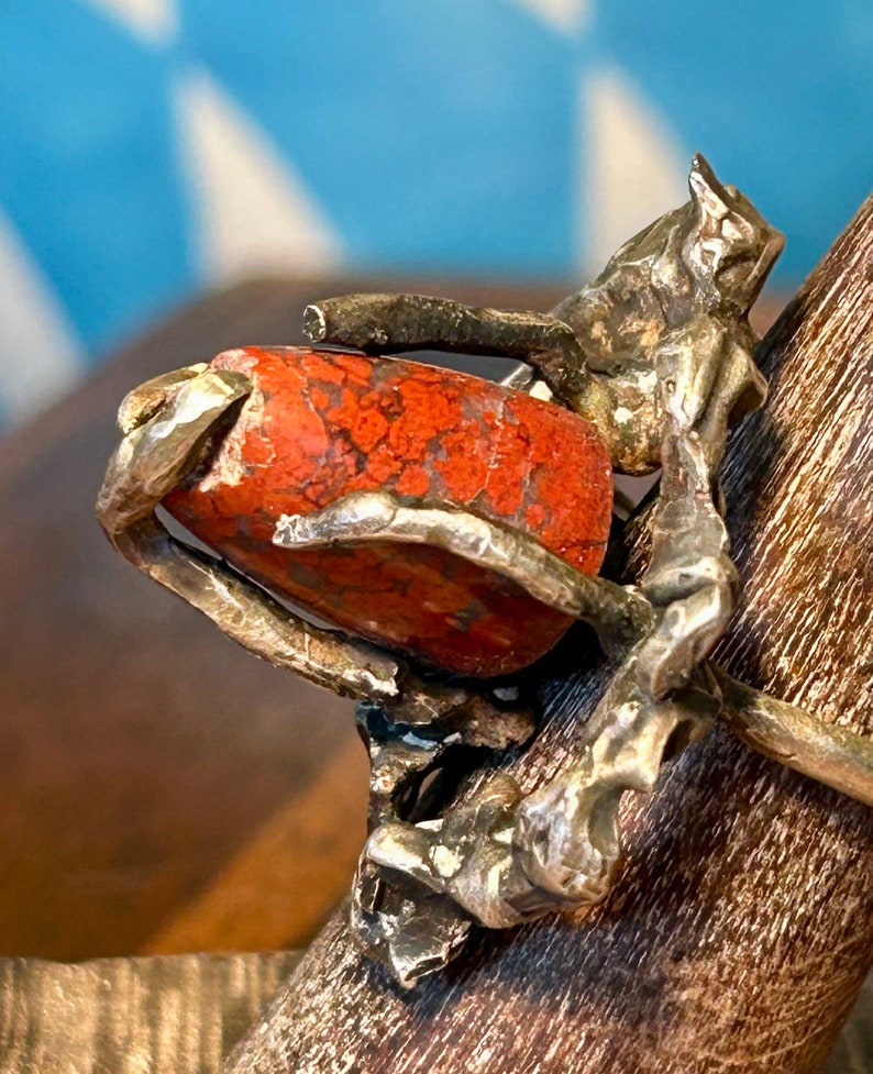 Handgemaakte Brutalist Ring Rode Steen Edelsteen Jasper Handgemaakt Modern Vintage afbeelding 6
