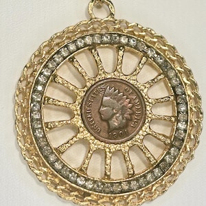 Vintage Medallion 1901 Indian Head Penny Retro Fashion Pendant Rhinestones Retro