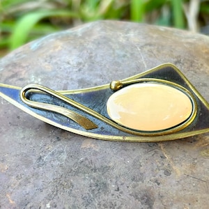 Arts And Crafts Era Brass Brooch Enamel Hand Forged Metal Art Pin Early 1900s Estate Jewelry
