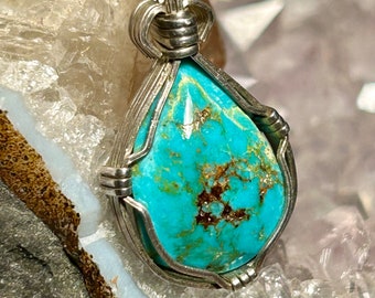 Vintage Handmade Pendant Turquoise Pyrite Gold Flecks Silver Wire Wrapped