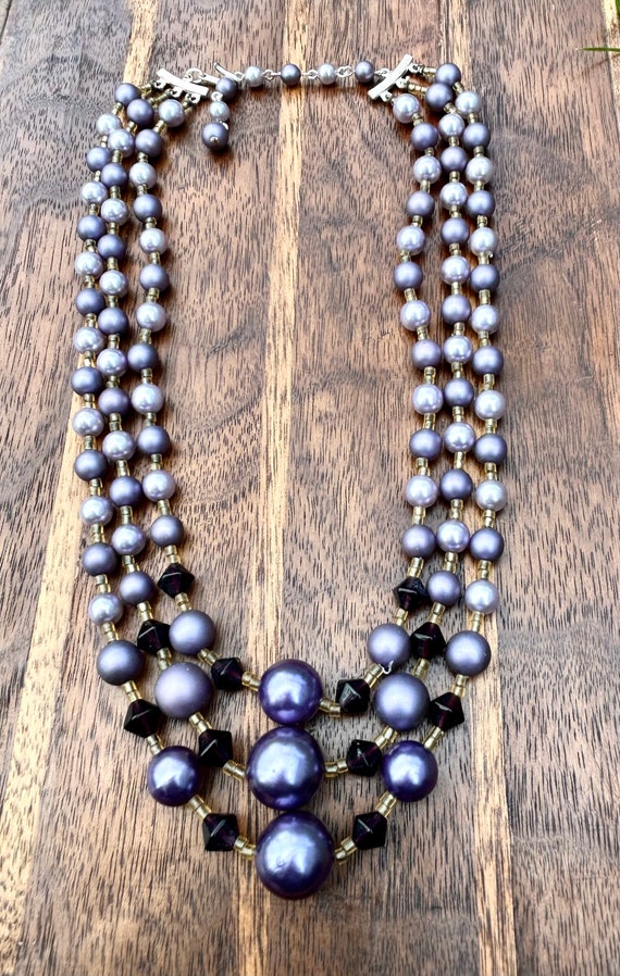 Vintage Purple Faux Pearl Necklace Triple Strand … - image 3