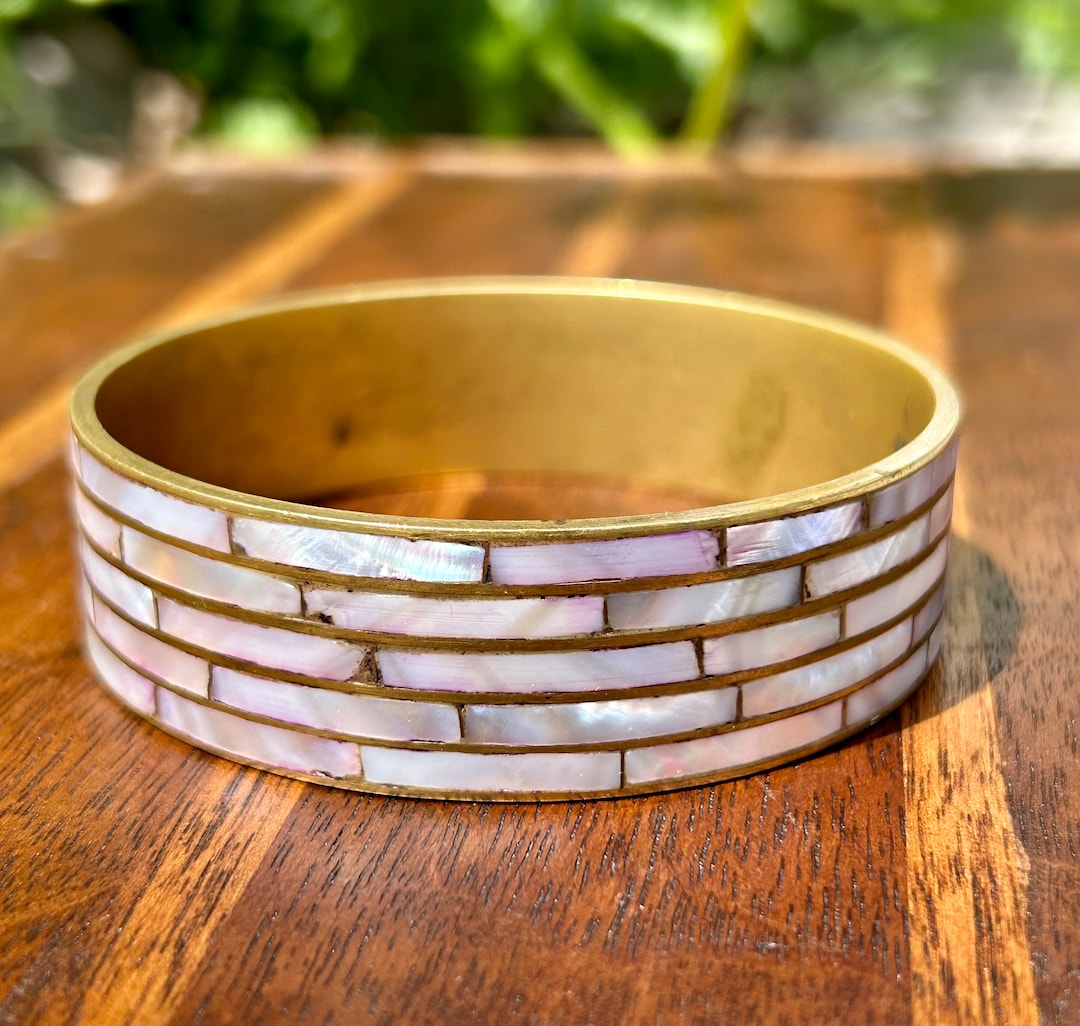 Mother of Pearl Brass Bracelet Inlaid Semi Precious Stone Shell