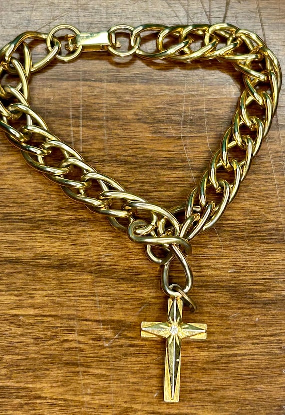 Chain Link Bracelet Cross Charm Gold Tone Metal R… - image 2