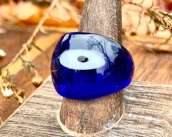 Handblown Glass Evil Eye Statement Ring Dome Shape Cobalt Navy Dark Blue & White Retro Gift Good Luck