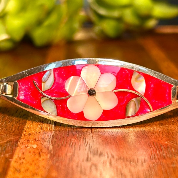 Sterling Silver Mother Of Pearl Red Enamel Hinged Bracelet Vintage Retro Alpaca Mexico Fine Silver Jewelry