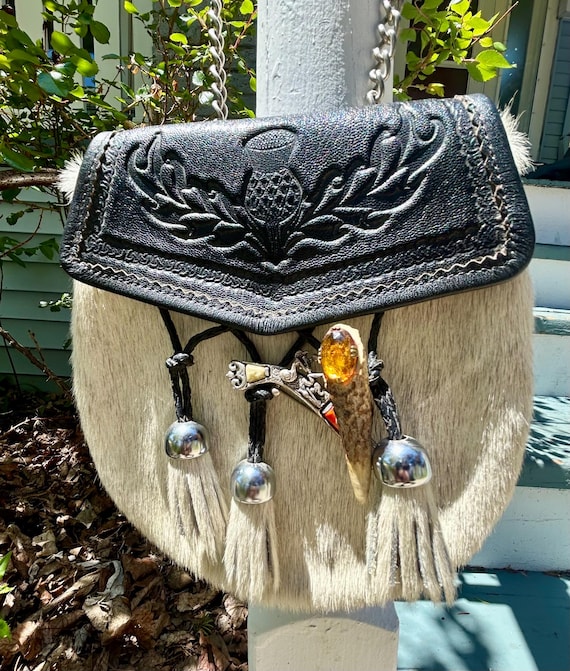 Scottish Dress Sporran Kilt Purse Fur Amber Crystal Leather Made In Scotland