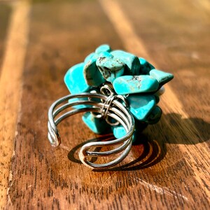 Turquoise Nugget Fresh Water Pearl Blue Gemstone Ring Handmade Jewelry Cluster Ring Vintage Retro Cocktail Statement Adjustable Ring Gift image 4