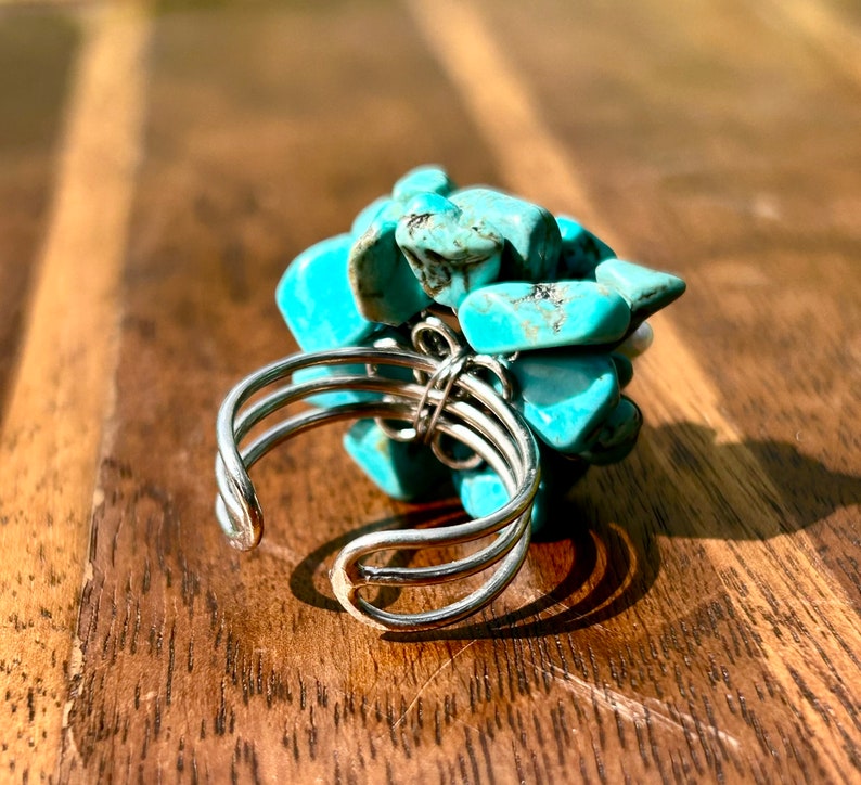 Turquoise Nugget Fresh Water Pearl Blue Gemstone Ring Handmade Jewelry Cluster Ring Vintage Retro Cocktail Statement Adjustable Ring Gift image 4