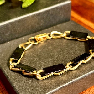 Vintage Gold Tone Chain Black Enamel Bangle Bracelet Retro Fashion Jewelry