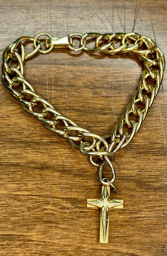 Chain Link Bracelet Cross Charm Gold Tone Metal R… - image 4