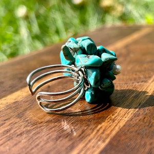 Turquoise Nugget Fresh Water Pearl Blue Gemstone Ring Handmade Jewelry Cluster Ring Vintage Retro Cocktail Statement Adjustable Ring Gift image 5