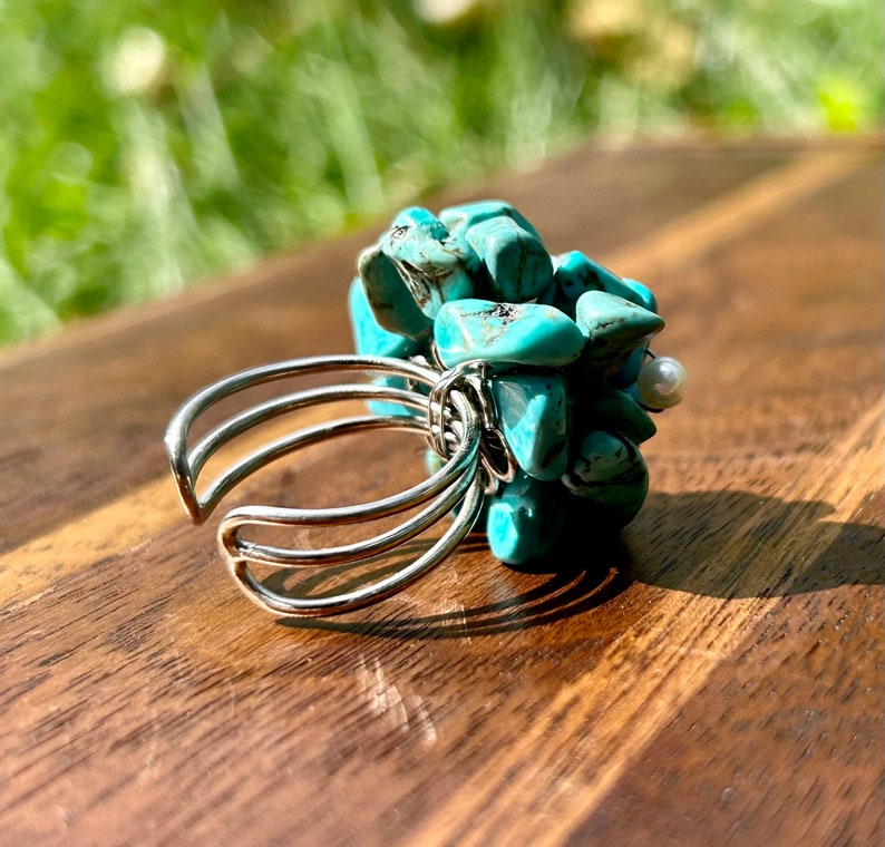 Turquoise Nugget Fresh Water Pearl Blue Gemstone Ring Handmade Jewelry Cluster Ring Vintage Retro Cocktail Statement Adjustable Ring Gift image 5