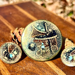 Vintage Enameled Copper Jewelry Set Brooch Earrings Metal Art Modern Screw Back