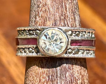 Vintage Cubic Zirconia Silver Tone Ring Red Enamel Stripe Large Center Stone