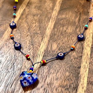 Millefiori Beaded Necklace Blue Heart Glass Pendant Hand Knotted Beads Vintage Estate Jewelry image 2