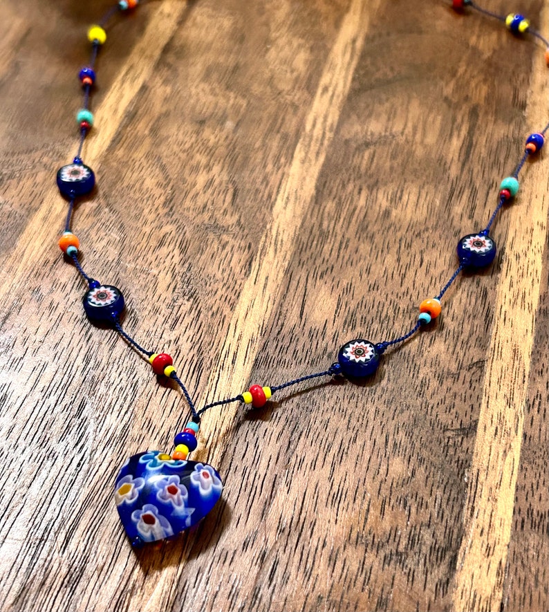 Millefiori Beaded Necklace Blue Heart Glass Pendant Hand Knotted Beads Vintage Estate Jewelry image 2