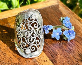 Vintage Sterling Silver Filigree Ring Rhinestones Half Finger Ring Art Nouveau Style 925 Size 7.5 Made in Israel Signed Jewelry
