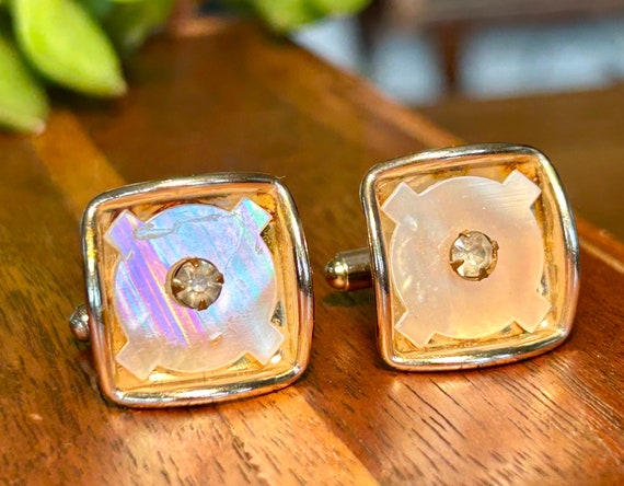 Vintage Mother Of Pearl Rhinestone Cufflinks Retr… - image 1