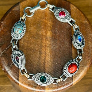 Vintage Multi Gemstone Bracelet Silver Tone Faux Glass Stone Sarah Coventry