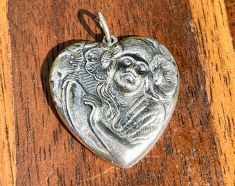 Vintage Sterling Silver Heart Pendant Art Nouveau Woman Flowers Style Jewelry