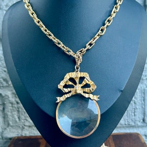 Vintage Magnifying Glass Pendant Necklace Carolee Jewelry Gold Tone Bow Retro Fashion Jewelry image 7