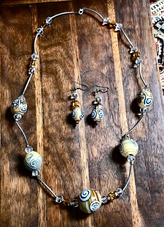 Ceramic Beaded Necklace Earring Set Large Handmade