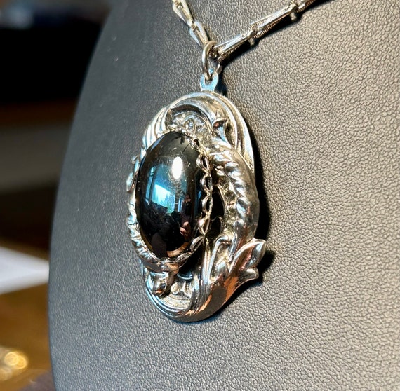 Vintage Hematite Pendant Necklace Silver Tone Orn… - image 4