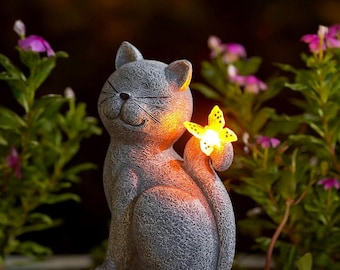 Cat Garden Statue with Butterfly: Outdoor Patio Decor