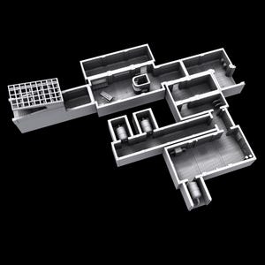 May include: A 3D-rendered architectural model of a building, showcasing a complex layout with multiple rooms, hallways, and a rooftop structure. The model is rendered in a monochromatic gray, set against a black background.