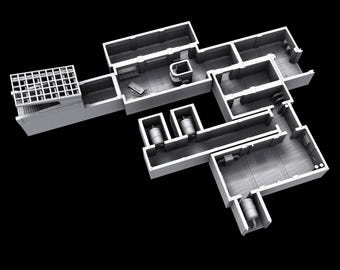 May include: A 3D-rendered architectural model of a building, showcasing a complex layout with multiple rooms, hallways, and a rooftop structure. The model is rendered in a monochromatic gray, set against a black background.