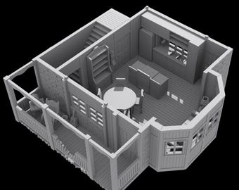 May include: A gray, three-dimensional model of a house with a kitchen, dining area, and balcony. The model includes a staircase, furniture, and windows. The house has a detailed interior and exterior.