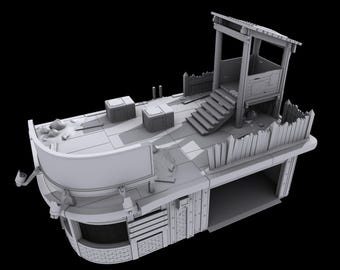 May include: A grayscale 3D model of a building with a curved front, a rooftop structure with stairs, and a small fence. The building has a garage-like opening and several rectangular structures on the roof. The overall design suggests a stylized architectural model.