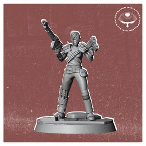May include: A gray plastic miniature figurine of a female character holding a rifle and a pistol. The character is wearing a utility belt and has a determined expression on her face. The figurine is standing on a round base.