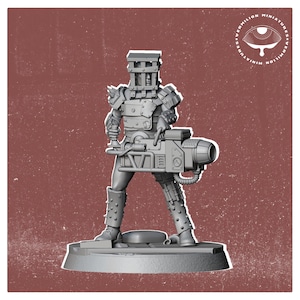 May include: A gray miniature figure of a futuristic warrior, holding a large weapon. The figure is clad in detailed armor with a cage-like helmet. The base is a rounded rectangle. The background is a textured, reddish-brown.