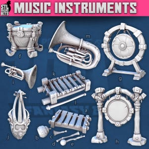 May include: A collection of 12 miniature musical instruments, including a tuba, a gong, a xylophone, a harp, a drum, and a set of bongos. The instruments are made of a light grey material and are arranged in a grid pattern on a white background. The text "MUSIC INSTRUMENTS" is displayed at the top of the image.