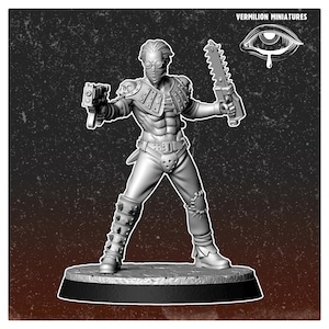 May include: A grey miniature warrior figure, holding a gun and a chainsaw. The figure is wearing armour and goggles. The base is black. The text "VERMILION MINIATURES" is in the upper right corner.