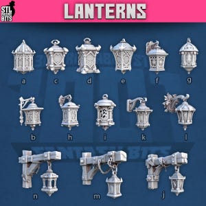 May include: A collection of 13 different 3D printable lantern models, including hanging lanterns, wall-mounted lanterns, and lanterns on brackets. The models are all in a white, unpainted finish.