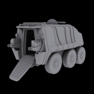 May include: A gray, military-style armored vehicle with a ramp and a rear door open. The vehicle has a turret on top and is on a black background.