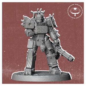 May include: A gray, detailed miniature of a robot wearing a helmet and holding a large gun. The robot is standing on a round base.